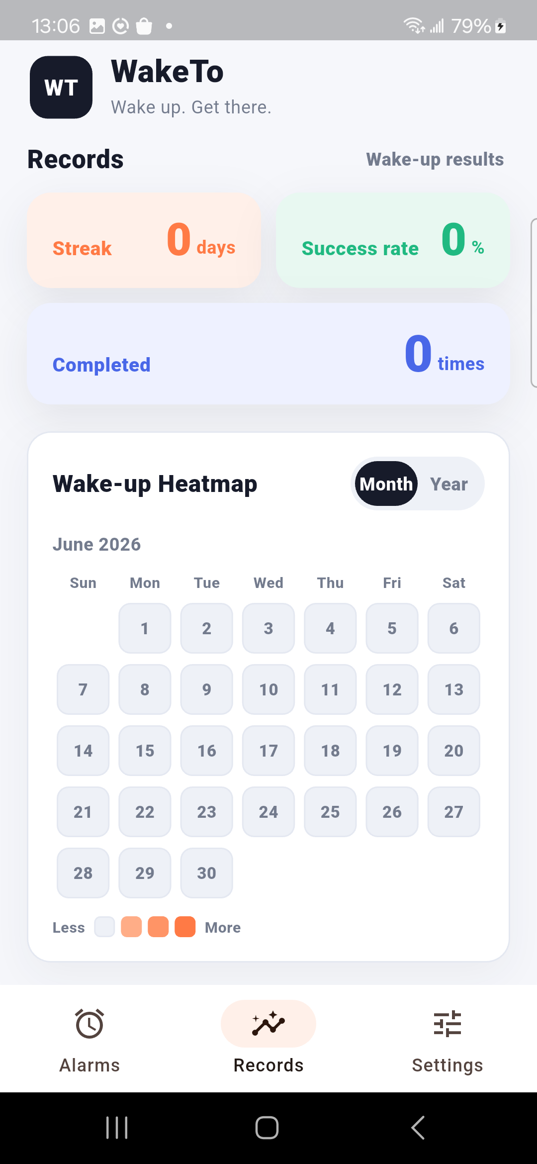 WakeTo 记录页月视图热力图截图
